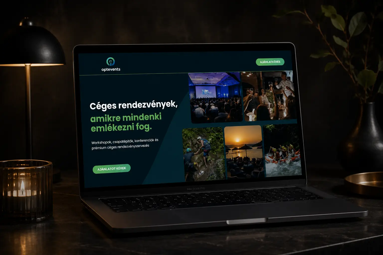 Modern céges rendezvényszervező weboldal laptop kijelzőn megjelenítve
