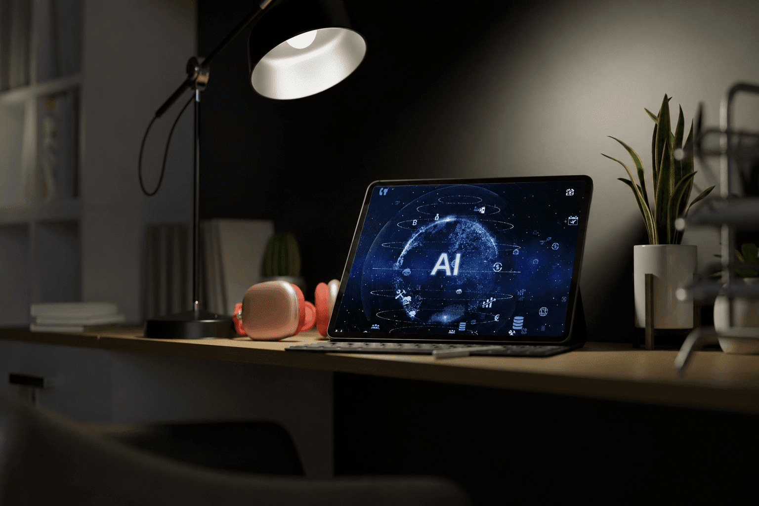 Modern laptop sötét környezetben, a kijelzőn mesterséges intelligencia által generált futurisztikus webdesign grafika látható.