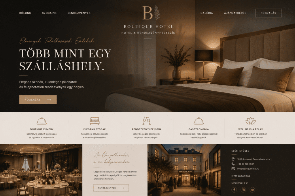 Prémium boutique hotel és dizájnszálloda weboldal elrendezése, egyedi tipográfiával, hangulatos szobabemutatókkal és elegáns foglalási felülettel.