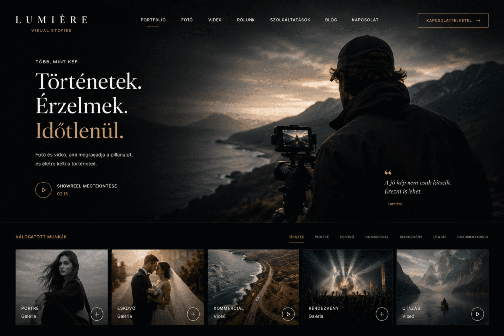 Mozi hatású, cinematic fotós és videós portfólió weboldal elrendezés, sötét háttérrel, teljes képernyős videó-beágyazásokkal és egyedi galériaszerkezettel.