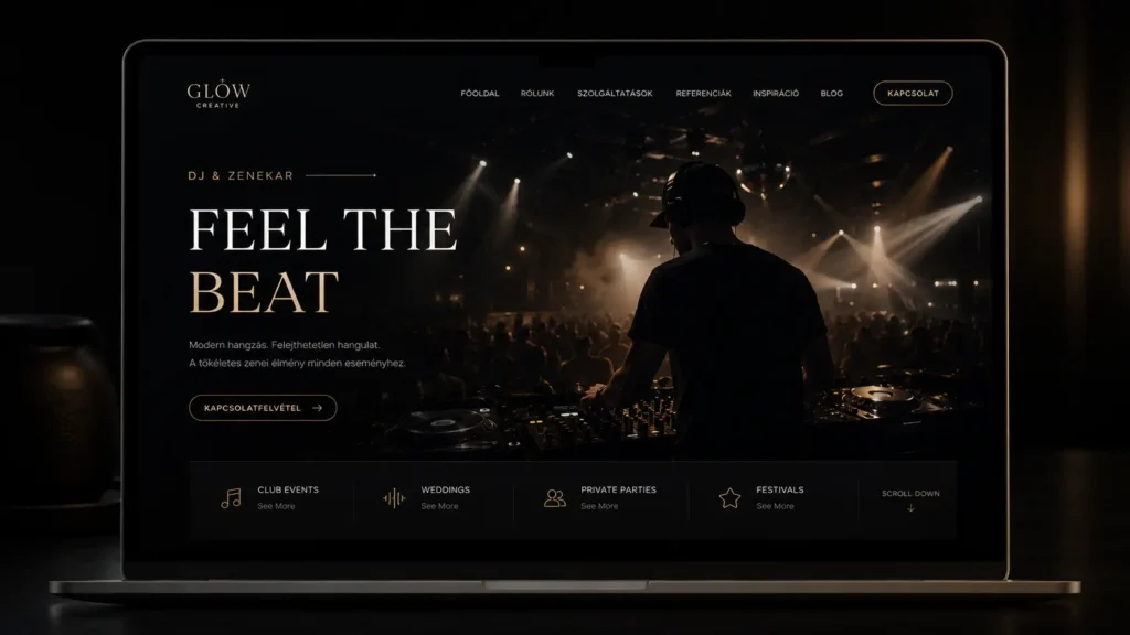 Prémium sötét tónusú webdesign elrendezés DJ-k és zenei producerek számára, neonfényes kiemelésekkel, modern tipográfiával és beágyazott zenelejátszó felülettel.
