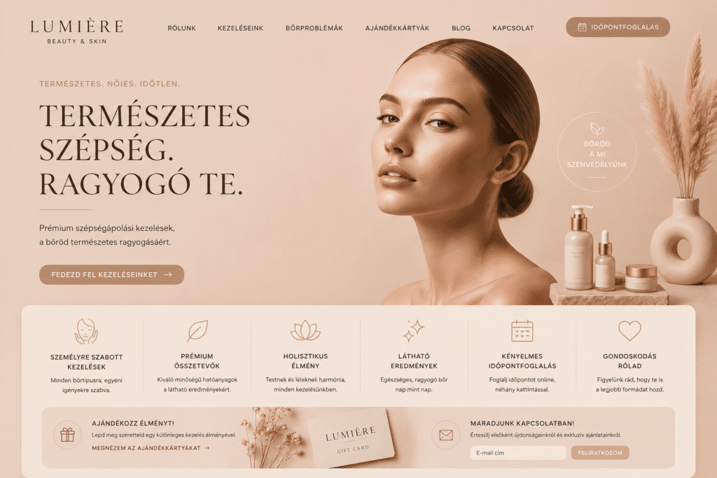 Finom, nőies szépségápolási és kozmetikai webdesign lágy nude és púder színekkel, elegáns organikus formákkal és letisztult termékbemutatóval.