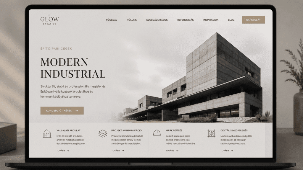 Modern építőipari és generálkivitelező cég webdesign inspirációja, indusztriális szürke és karakteres antracit színekkel, strukturált blokkokkal.