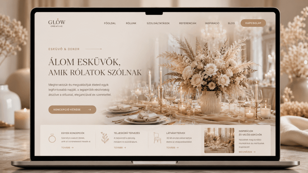 Prémium esküvői és dekoratőr webdesign inspiráció bézs, krémszínű és nude árnyalatokkal, finom serif betűtípusokkal és elegáns fotógalériával.