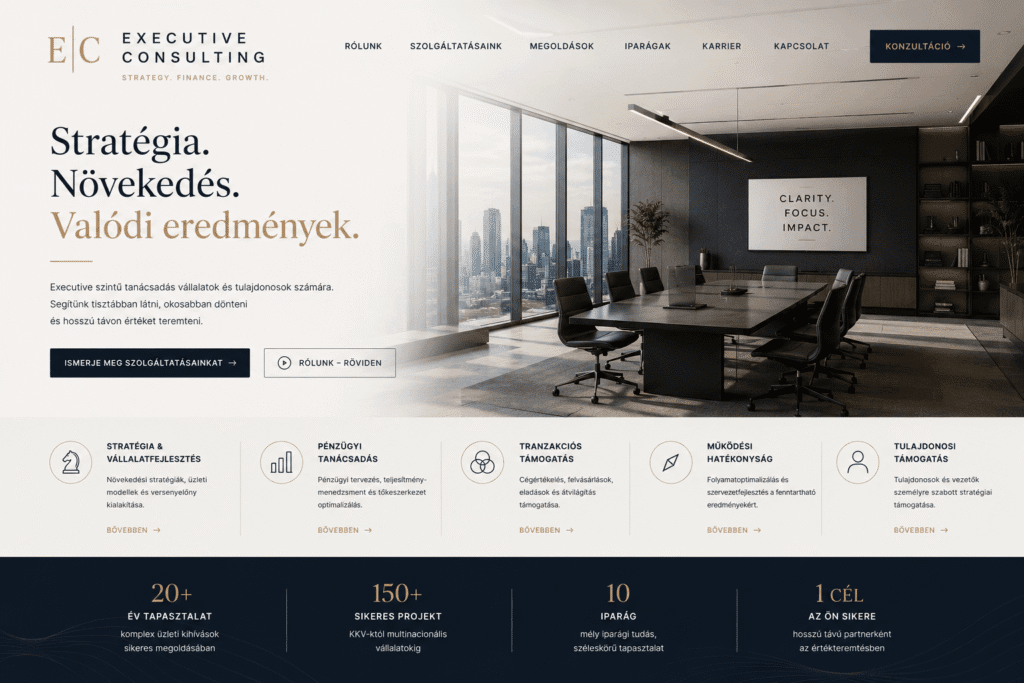 Vezetői tanácsadó és executive coaching cég prémium weboldal terve, monokróm stílusban, elegáns tipográfiával és minimalista, üzleti struktúrával.