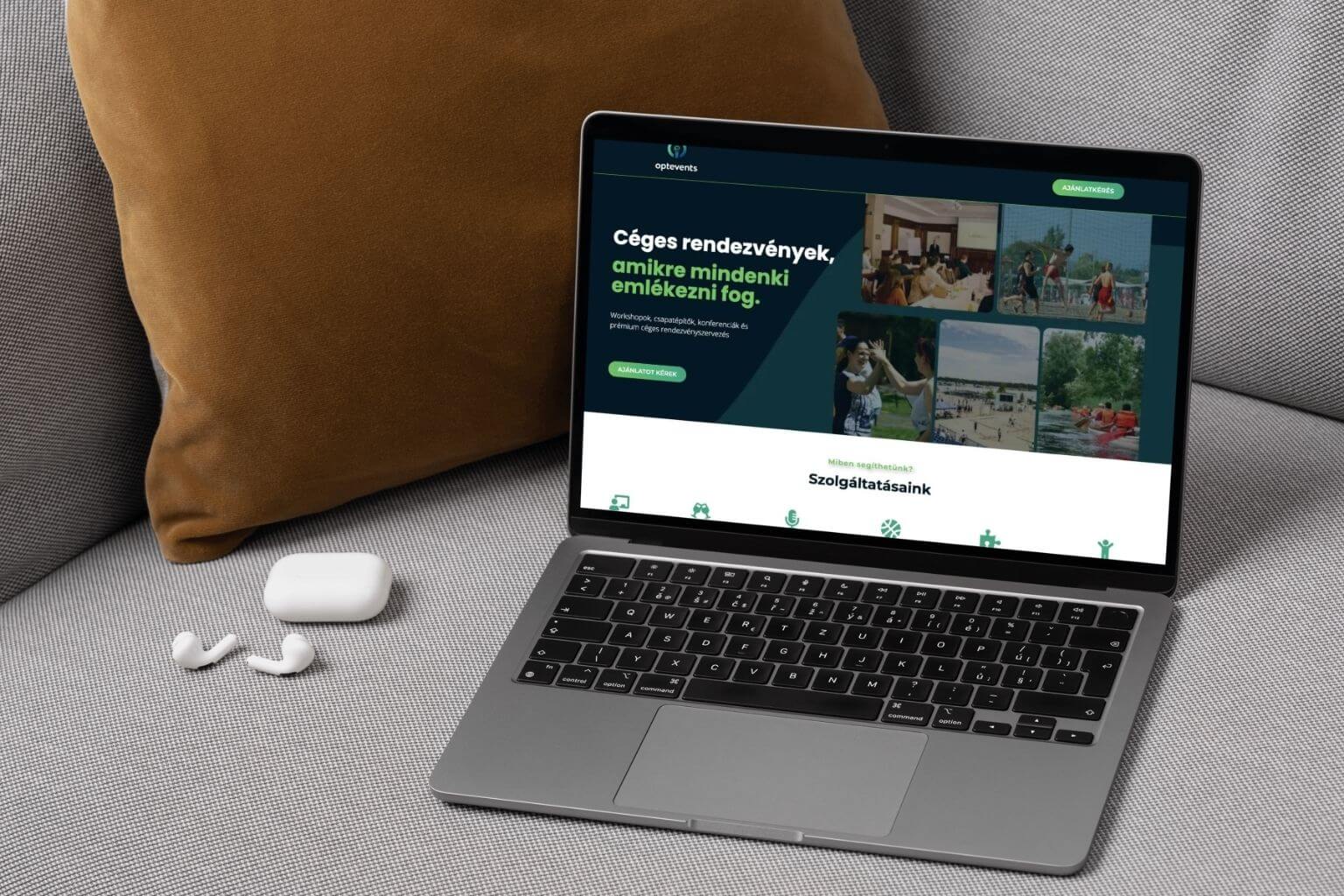 Az Optevents prémium céges rendezvényszervező ügynökség sötétzöld és neon-zöld webdizájnja