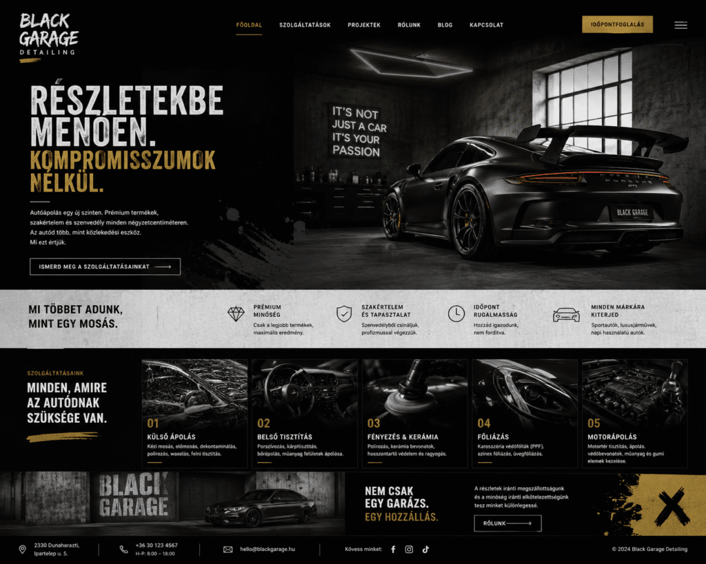 Luxusautó-kereskedés és prémium autóbérlő weboldal szerkezete, teljes képernyős borítóképpel, elegáns arany-bronz részletekkel és VIP ügyfélkapu dizájnnal.