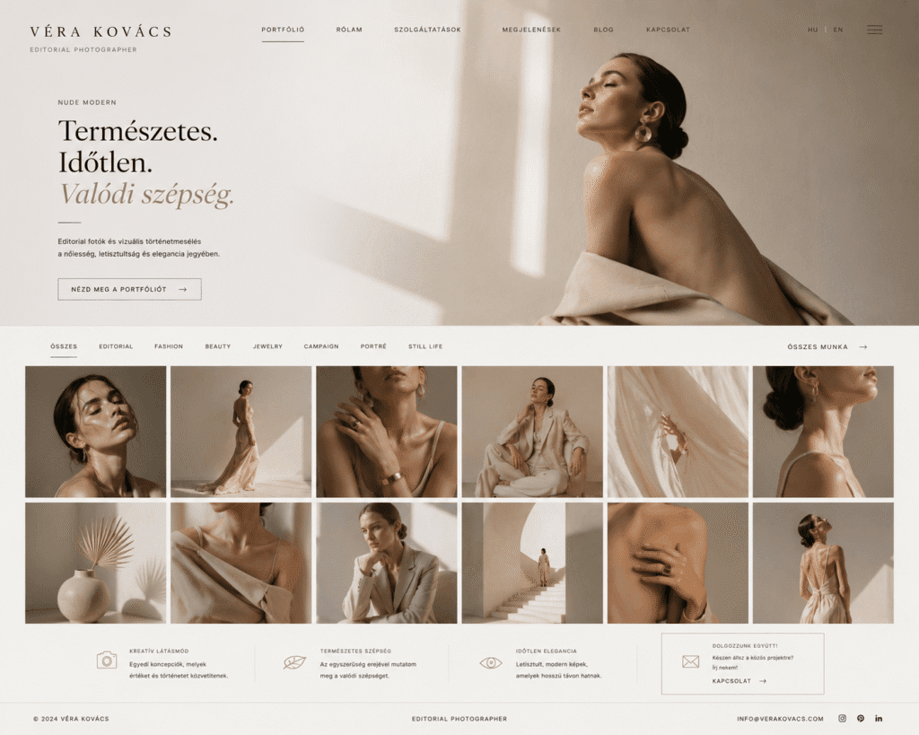 Magazin stílusú high-fashion weboldal elrendezés, aszimmetrikus rácsszerkezettel, nagyméretű szerkesztőségi fotókkal és avantgárd tipográfiával.