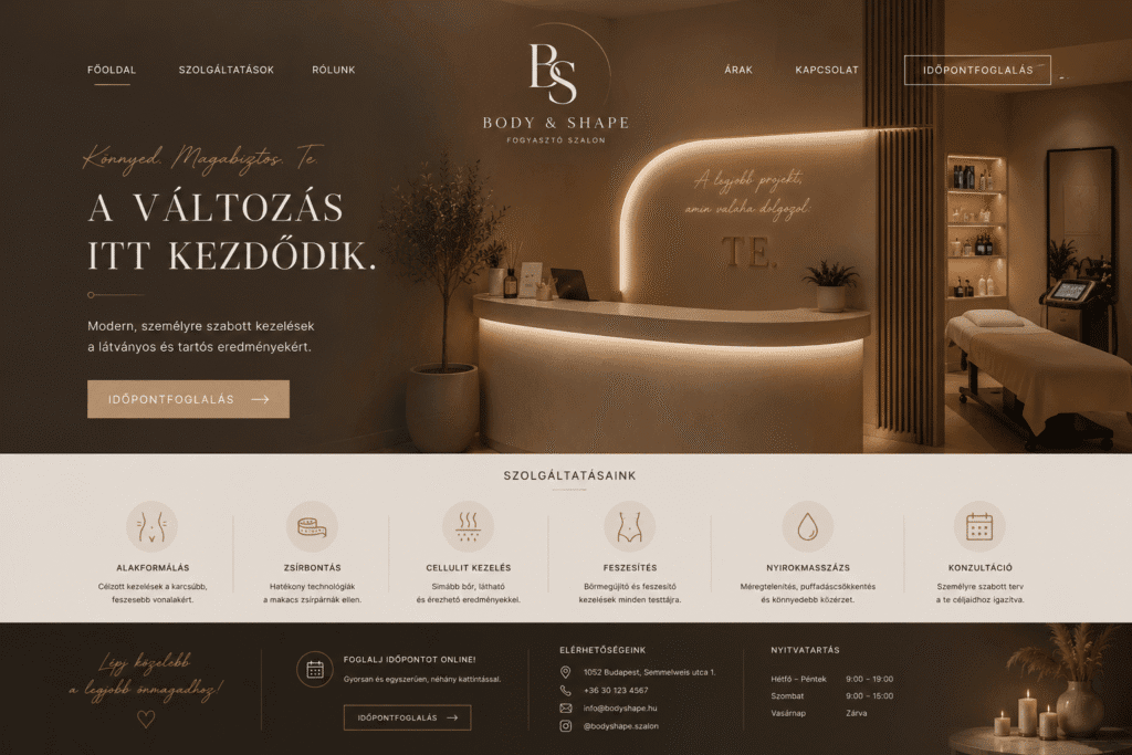 Luxus kategóriás szépségkomplexum weboldal terve, elegáns arany és márvány textúrákkal, finom görgetési animációkkal és exkluzív szolgáltatás-bemutatóval.