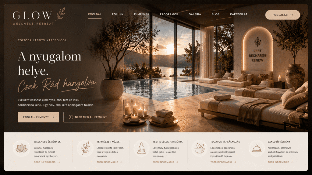 Luxus wellness hotel és resort weboldal elrendezése, selymes földszínekkel, spa és relaxációs képekkel, elegáns és letisztult foglalási felülettel.