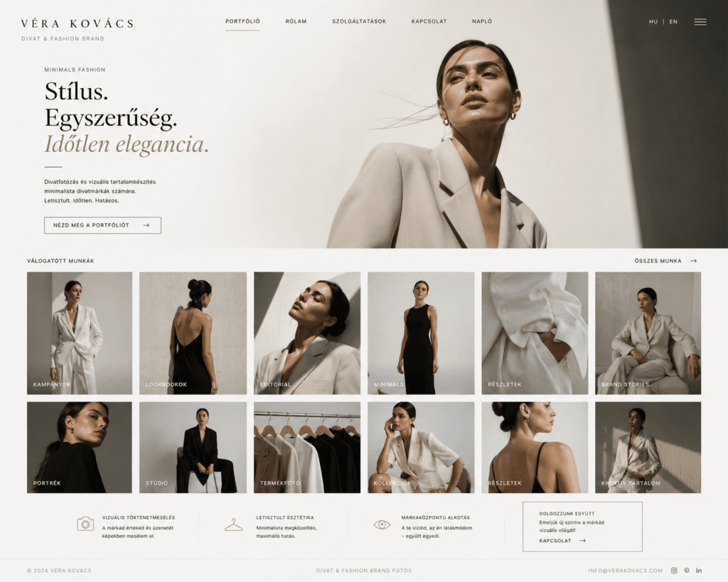 Minimalista divatmárka és ruha webshop prémium webdesign terve, monokróm színvilággal, rengeteg fehér térrel és letisztult termékkártyákkal.