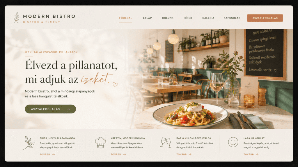 Modern és trendi bisztró weboldal koncepció, friss és fiatalos tipográfiával, dinamikus étlap elrendezéssel és hangulatos belső terek fotóival.