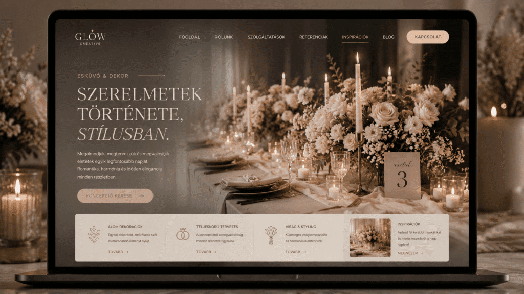 Magazin stílusú, romantikus weboldal szerkezet esküvőszervezőknek és prémium dekoratőröknek, aszimmetrikus elrendezéssel és művészi térhasználattal.