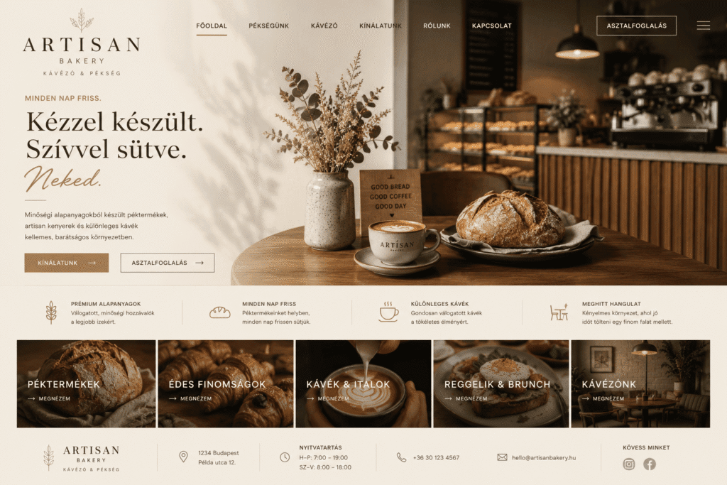 Meleg minimalista kávézó weboldal elrendezése, krémszínű háttérrel, finom tipográfiával, letisztult étlappal és esztétikus enteriőrfotókkal.