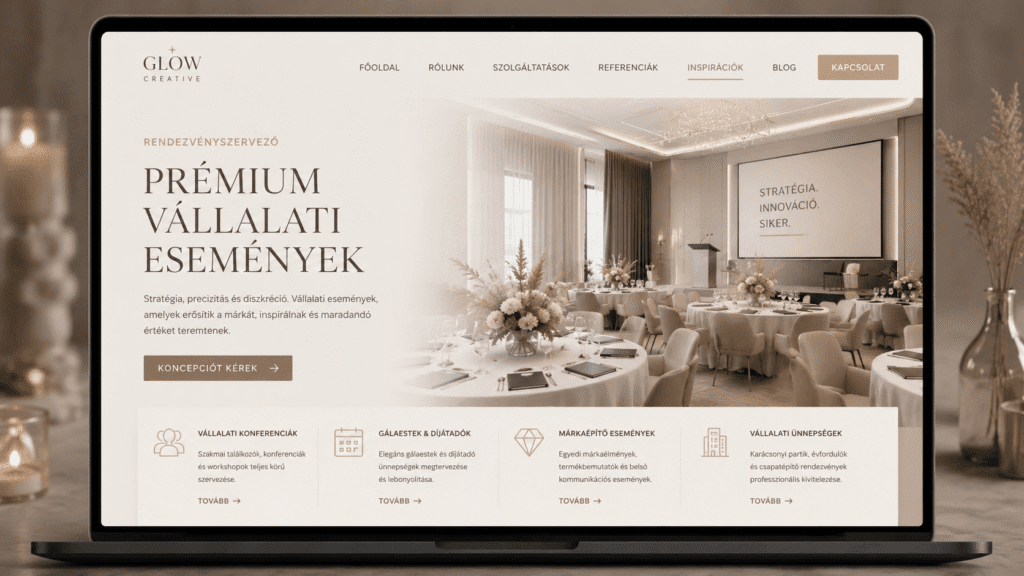 Modern és elegáns weboldal koncepció rendezvényügynökségeknek, letisztult kártyás elrendezéssel, dinamikus képekkel és szellős struktúrával.