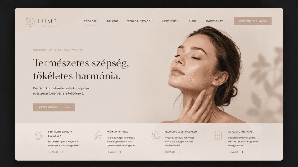 Prémium esztétikai klinika és orvosi kozmetika letisztult, minimál stílusú weboldal terve, higiéniát és luxust sugárzó fehér és világosszürke tónusokkal.