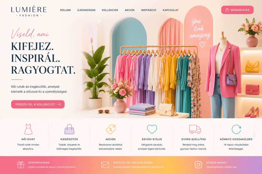 Lumière Fashion prémium női ruha webáruház főoldal látványterve pastel luxury stílusban, elegáns boltíves háttérrel, színes ruhakínálattal, neon felirattal és letisztult ikon alapú értékajánlatokkal.