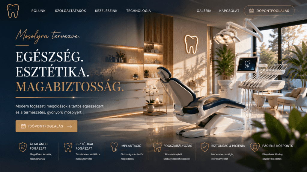 Prémium magánfogászat és esztétikai fogászati klinika modern weboldal terve, tiszta fehér és professzionális tengerkék színekkel, orvosbemutató szekcióval.