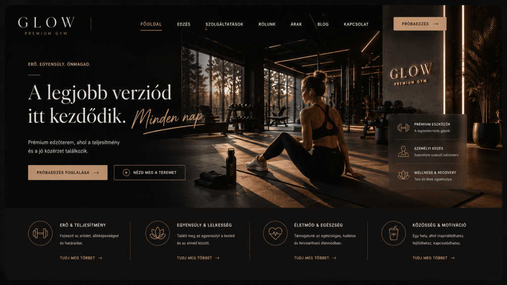 Prémium fitness terem és személyi edző stúdió weboldal koncepciója, maszkulin antracit színekkel, motiváló, éles fotókkal és integrált órarend funkcióval.