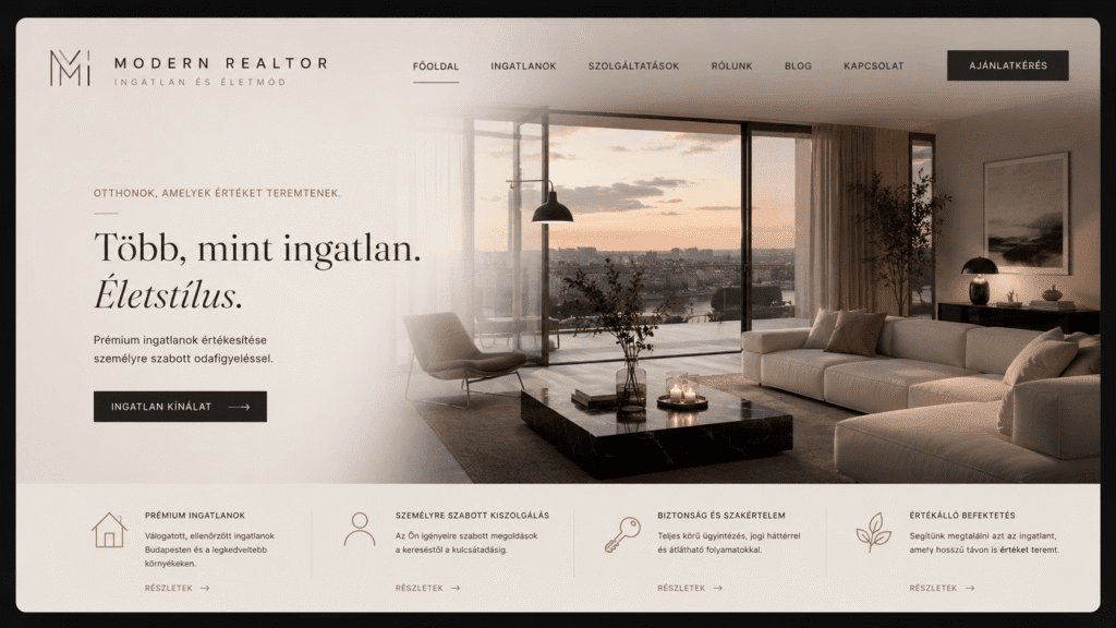 Prémium ingatlanközvetítő iroda modern weboldal szerkezete, letisztult keresőfelülettel, nagy felbontású ingatlanfotókkal és elegáns, üzleti tipográfiával.