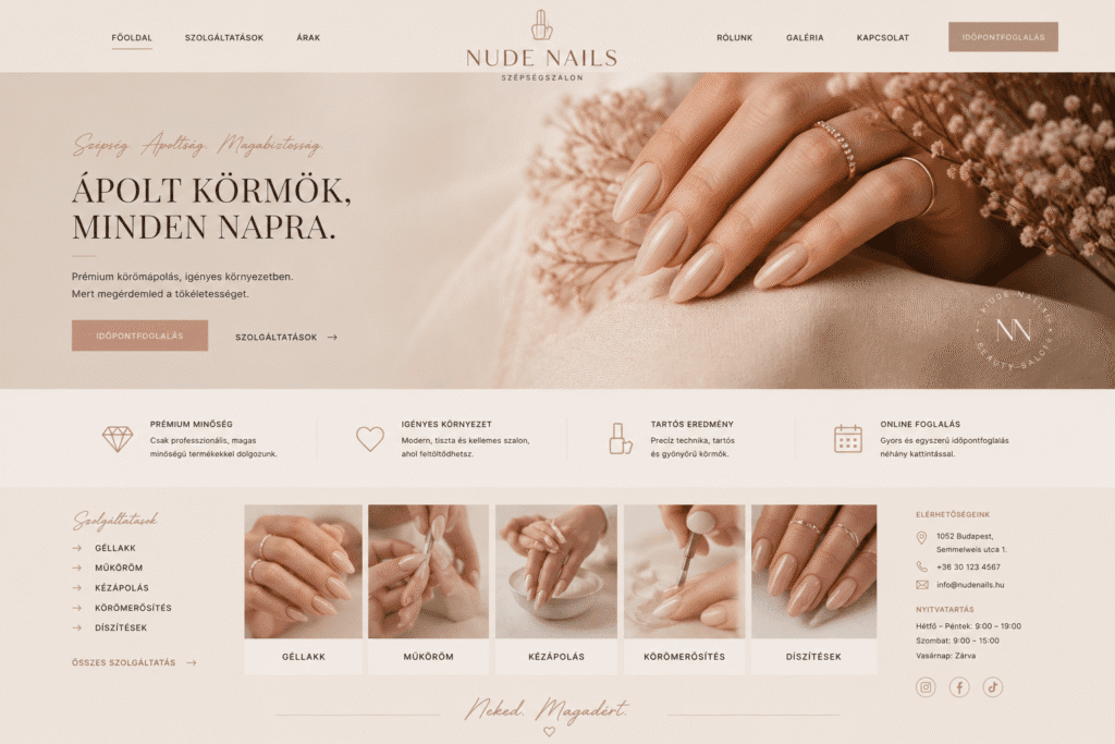 Prémium körmös szalon és körömstylist exkluzív weboldal látványterve, selymes nude és púder színekkel, letisztult, mesterfokú portfólió galériával.