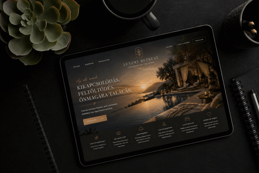 iPad kijelzőjén megjelenő luxus weboldal struktúra és reszponzív design elemek.