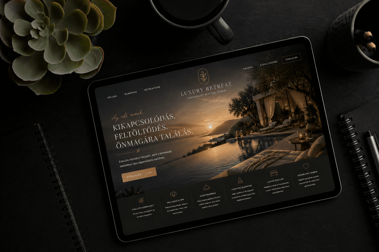 iPad kijelzőjén megjelenő luxus weboldal struktúra és reszponzív design elemek.