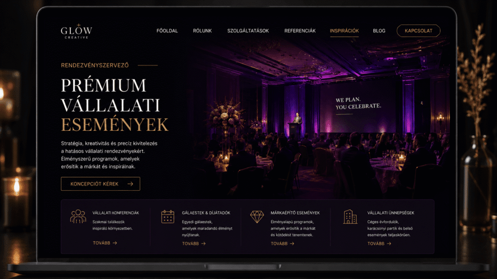 Vállalati rendezvényszervező cég prémium webdesign terve, professzionális kék és szürke tónusokkal, letisztult struktúrával és konverziós elemekkel.