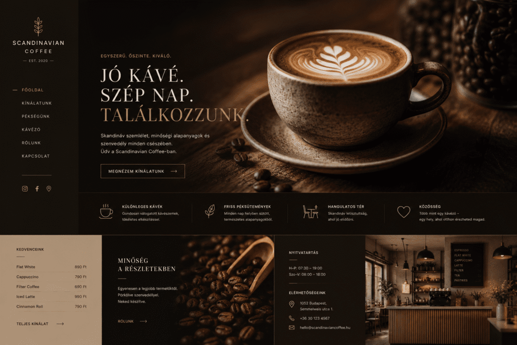 Skandináv stílusú kávépörkölő és kávézó weboldal terve, világosszürke és fehér színekkel, minimalista ikonokkal és letisztult webshop funkcióval.