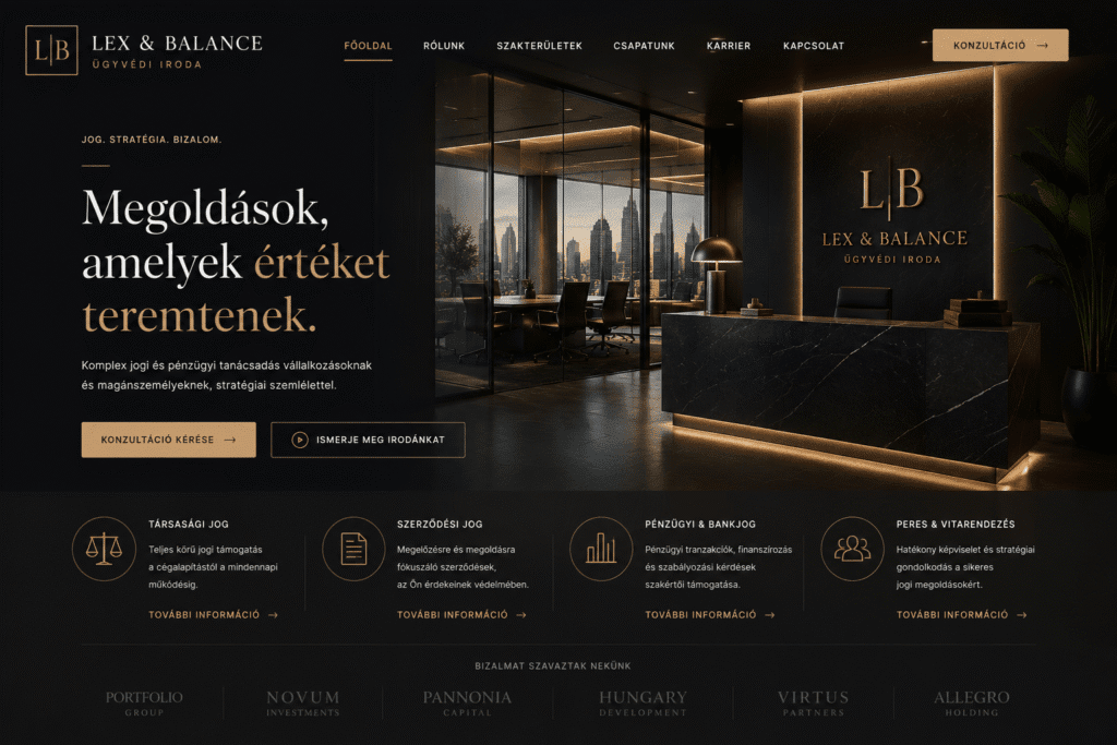Nemzetközi ügyvédi iroda professzionális corporate webdesign terve, sötétkék és fehér színekkel, szigorúan strukturált, bizalomépítő elrendezéssel.